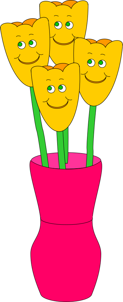 pink vase of yellow tulips with faces